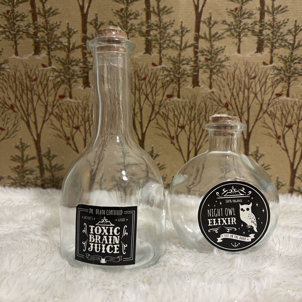 Target‎ Potion Poison Elixir Bottles Clear Glass Jars Set Of 2 Halloween NEW